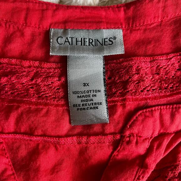 Catherines Women’s 3X Orange Red Boho Peasant Blouse Tunic Top Pintuck Lace - Picture 3 of 8